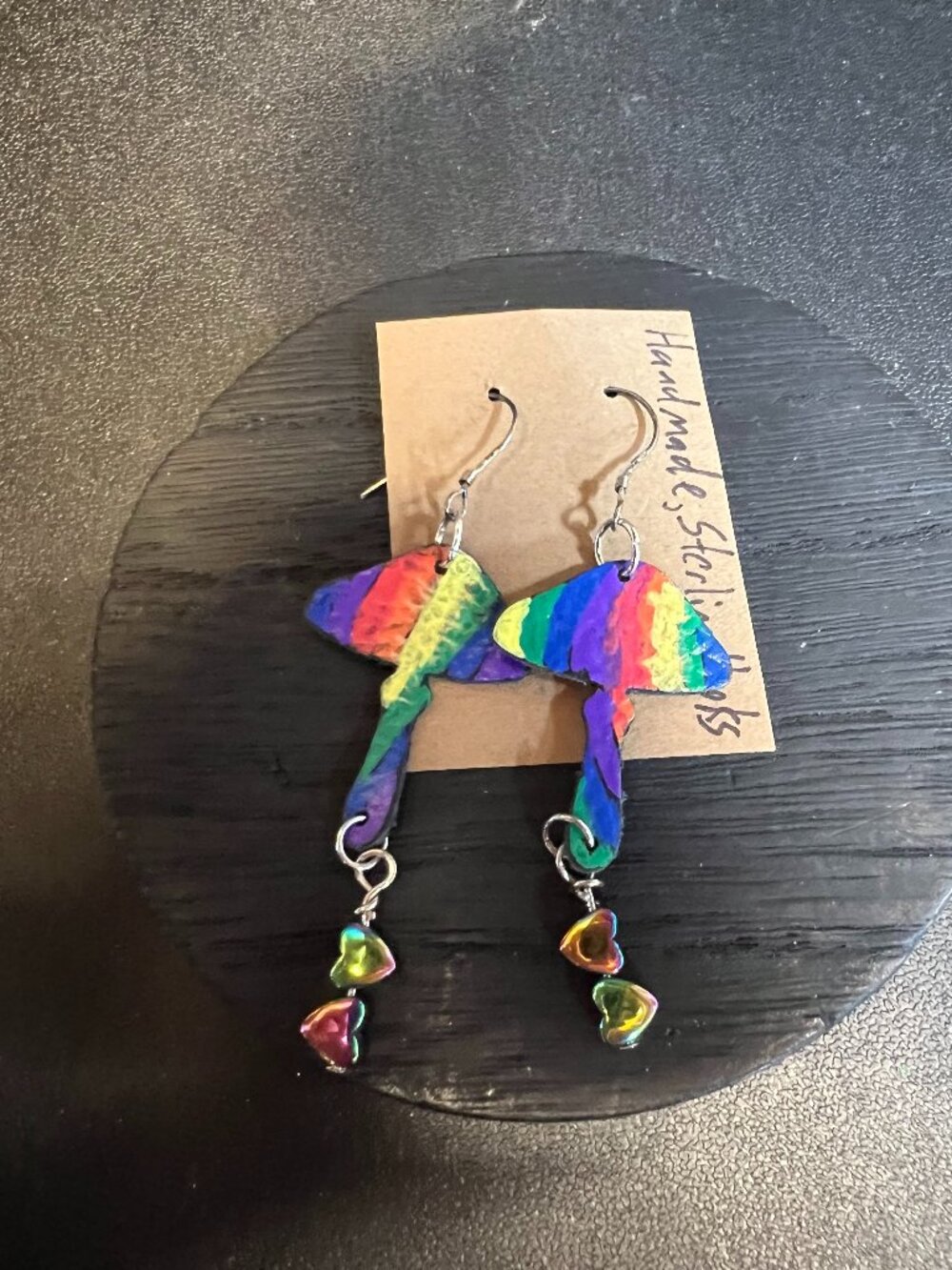 Handmade Painted Leather Rainbow Mushroom Earrings on Sterling Hooks